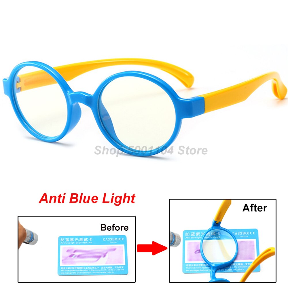 Børn anti blå lys brille ramme børn  tr90 silikone optiske briller dreng pige fleksible runde briller beskyttende: Blå gul