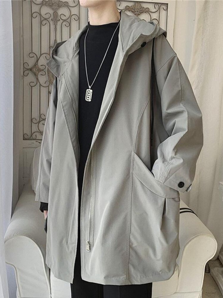 Windbreaker Men's Mid-length Spring Autumn Trench Coat Hooded Jacket Korean Trend Handsome Preppy Cape Cloak Punk Streetwear