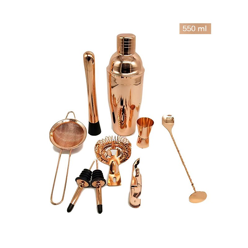 Galvaniseren Rose Gold Rvs Barman Kit Cocktail Shaker Rvs Shaker Houten Stand 11 Delige Set: 550ml