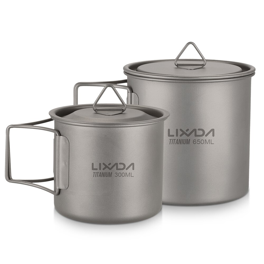 /2Stck Ultraleicht Titan Tasse einstellen Ich bin Freien Beweglicher Camping Geschirr Kochgeschirr 350ml + 650ml Wasser Tasse Becher mit Faltbare Griff