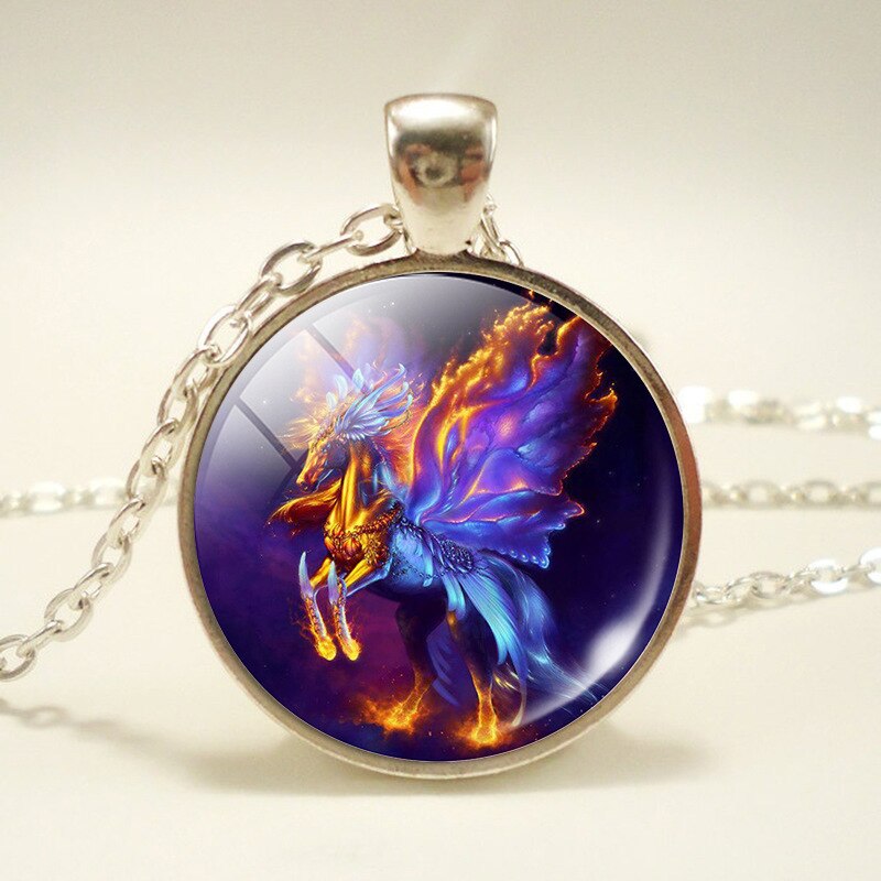 NPKDS di Modo Nuovo Collana In Lega di Zinco di Vetro Del Pendente Rotondo. Unicorn Tempo Gioiello Della Catena Del Maglione Preferito Regalo Di Compleanno: Amethyst Unicorn