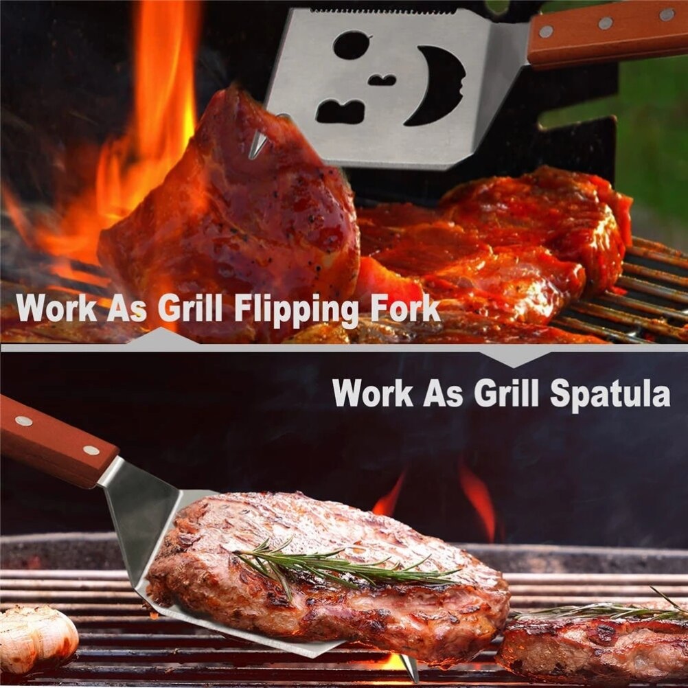 Multi-purpose Grill Spatula for Outdoor Grill with Flipping Fork 5 in 1 Smiley Barbecue Spatula Grill Barbecue Tool