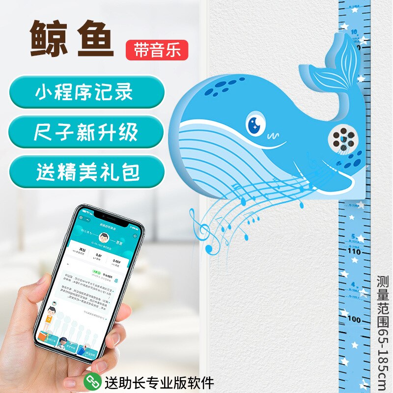 3D three-dimensional children's height ruler cartoon height ruler measuring ruler Removable Wall Sticker growth chart: B-Whale (Music)