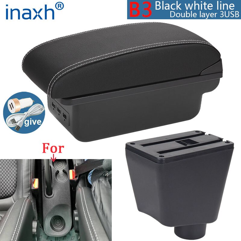 For Renault Clio 4 Armrest For Renault Clio 3 III IV Car Armrest box Car accessories Storage box cup holder ashtray USB: B3 Black white 3USB