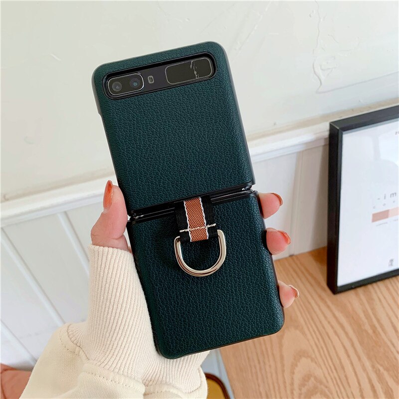 Caso anel para samsung galaxy z flip capa de fibra de carbono lychee padrão dedo anel fivela titular disco escudo para zflip moda: 4-Dark Green