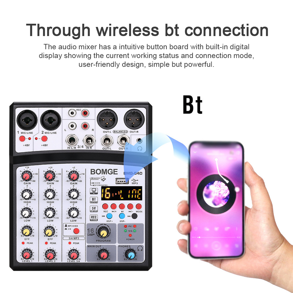 Professionele 4 Kanalen Bt Audio Sound Mixer Multifunctionele Mengen Dj Console Usb 16 Dsp Effecten Mixer Elektrische Muziek Apparatuur