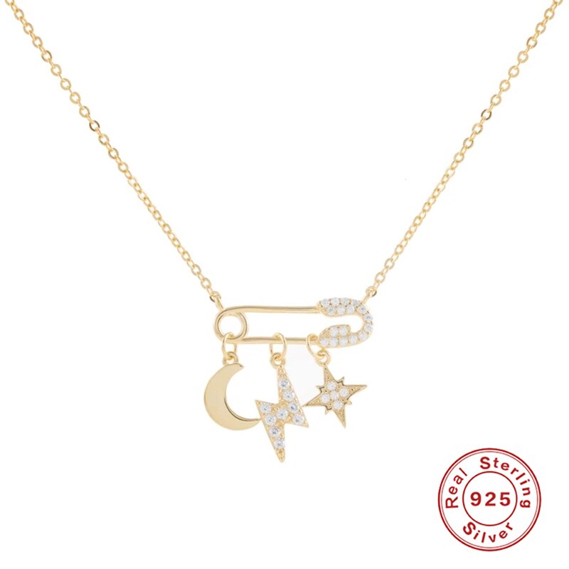 Gs 925 Sterling Zilveren Paperclip Pin Hanger Kettingen Voor Vrouwen Star Moon Lightning Zirkoon Kristallen Hanger Ketting Sieraden