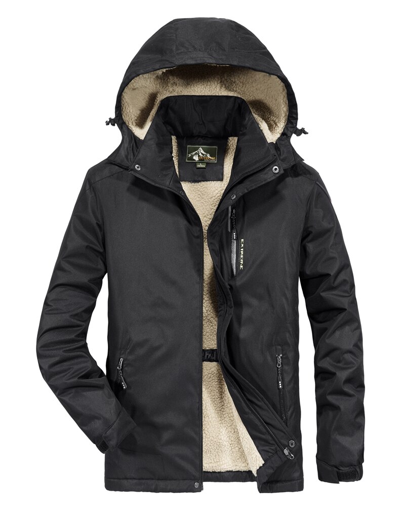 Windproof Hoodie Coat Warm Keep Cotton Waterproof Outdoor Jacket Men: black / 4XL