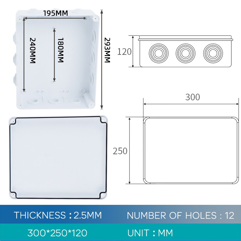300*250*120MM ABS Plastic IP65 Waterproof Junction Box DIY Outdoor Electrical Connection box Cable Branch box: With Holes