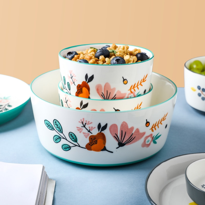 Blommig keramik servis kinesiska köket risskål soppa ramen skål dessert fat pasta biff tallrik middagsrätter