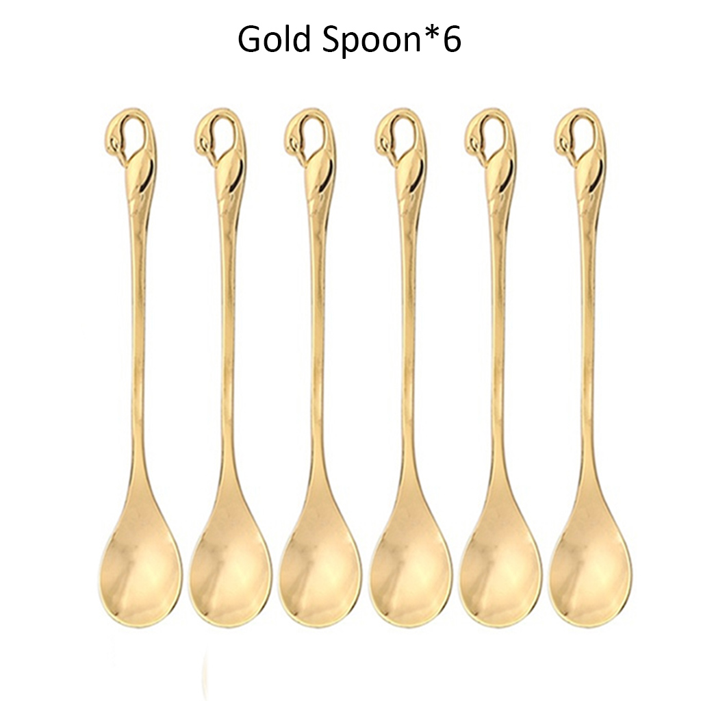 7 Pcs Swan Base Holder Dinnerware Set Stainless Steel Gold Spoon Fork Cutlery Coffee Cake Fruit Salad Dessert Flatware Teaspoon