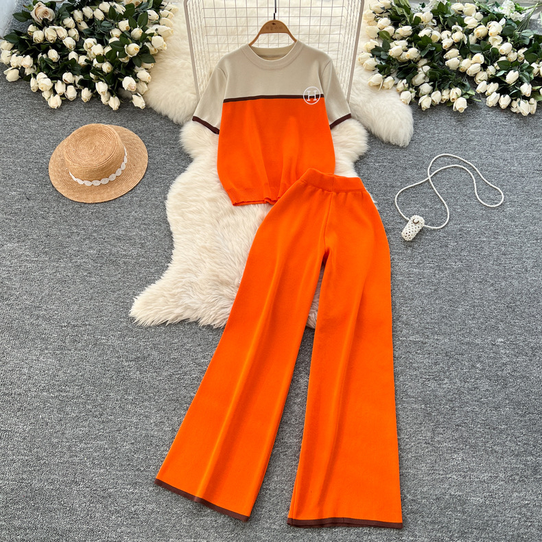 2-- delt sæt til kvinder forår sommer strik sweater matchende sæt ærmeløs top vide ben bukser sæt outfit: Orange