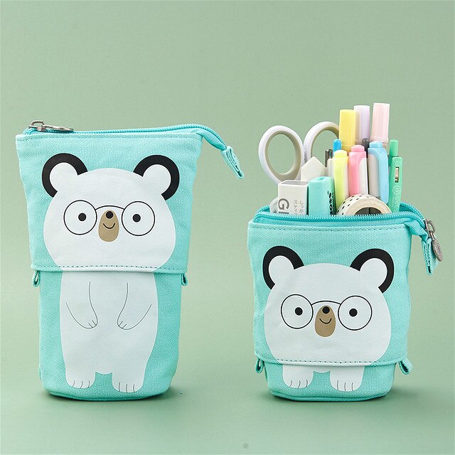 Pen Pencil Bag Case Cartoon Cute Cat Bear Sheep Canvas Fold Standing Holder Stationery Organizer Kids: 360