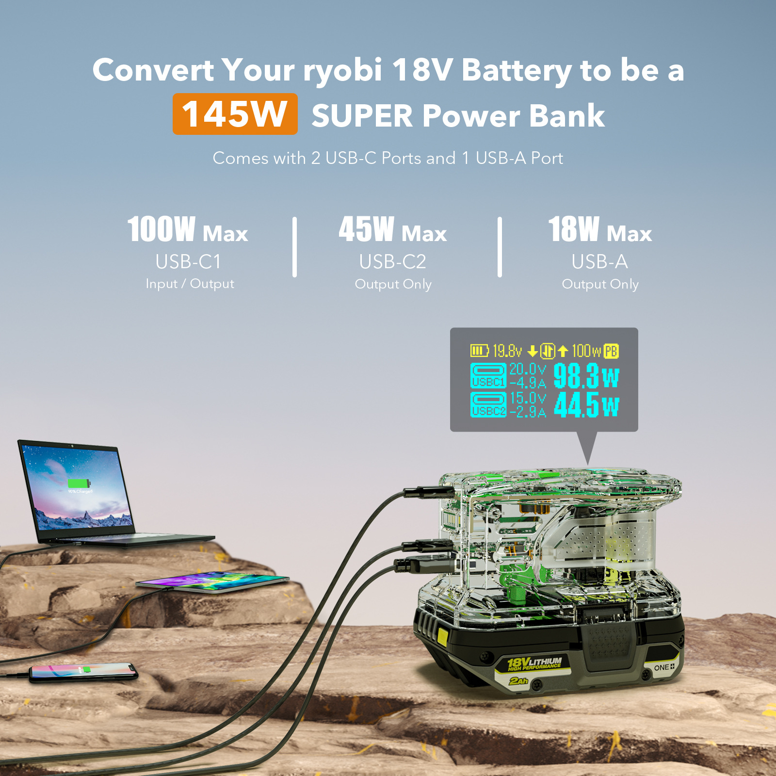 Snelle oplader voor RYOBI 18V ONE+ Batterijoplader Lithiumbatterij 100W Snel opladen USB-poort Tweewegoplader Draagbare Power Sourc
