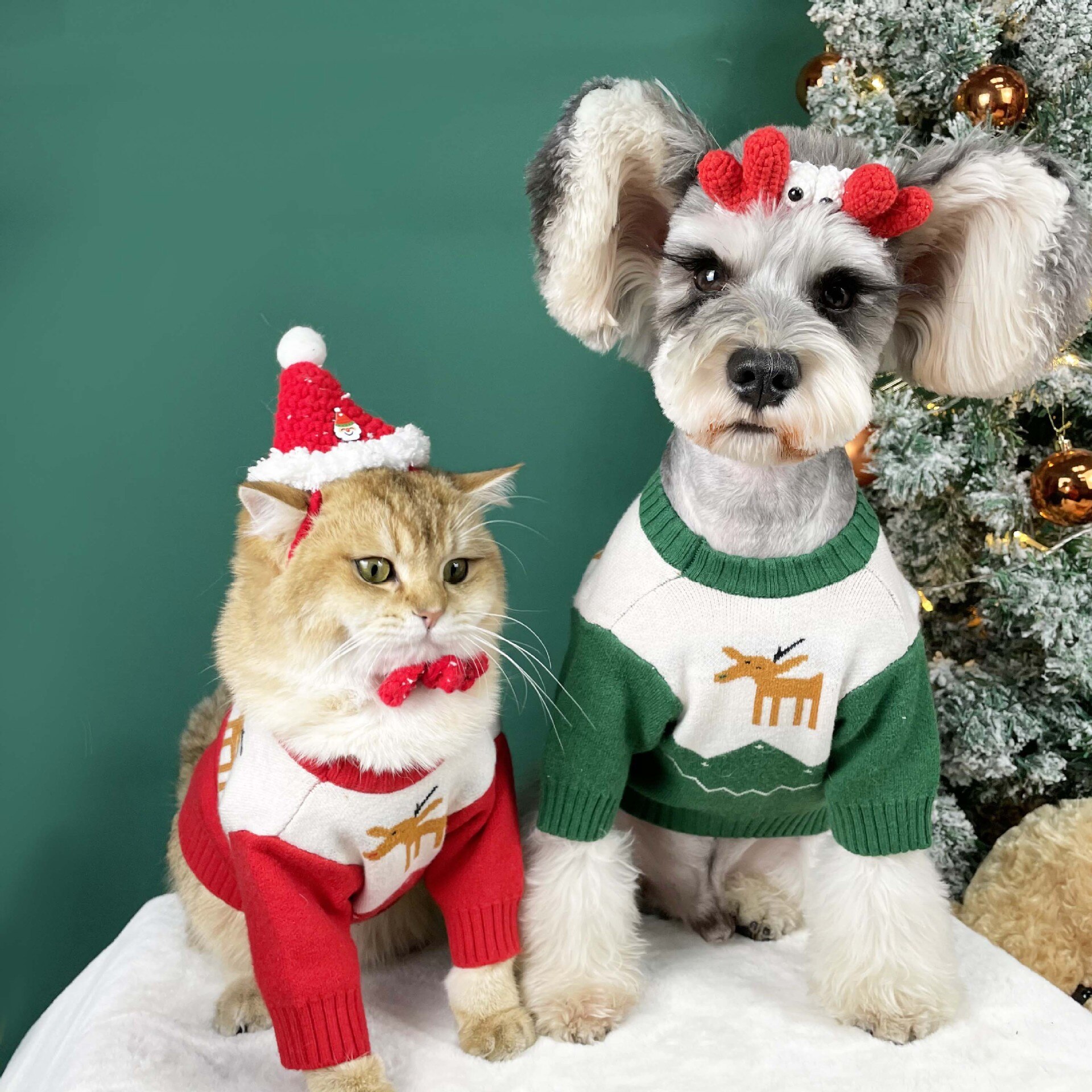 Pet Dog Cat Christmas Red & Green Sweater Jumper Clothes Winter Warm Puppy Hoodie for Small Medium Dogs Schnauzer Jacket Coat