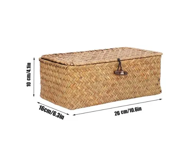Flat Woven Wicker Storage Bins with Lid Natural Seagrass Basket Boxes Multipurpose Home Toys Organizer Boxes for Shelf Organizer: green