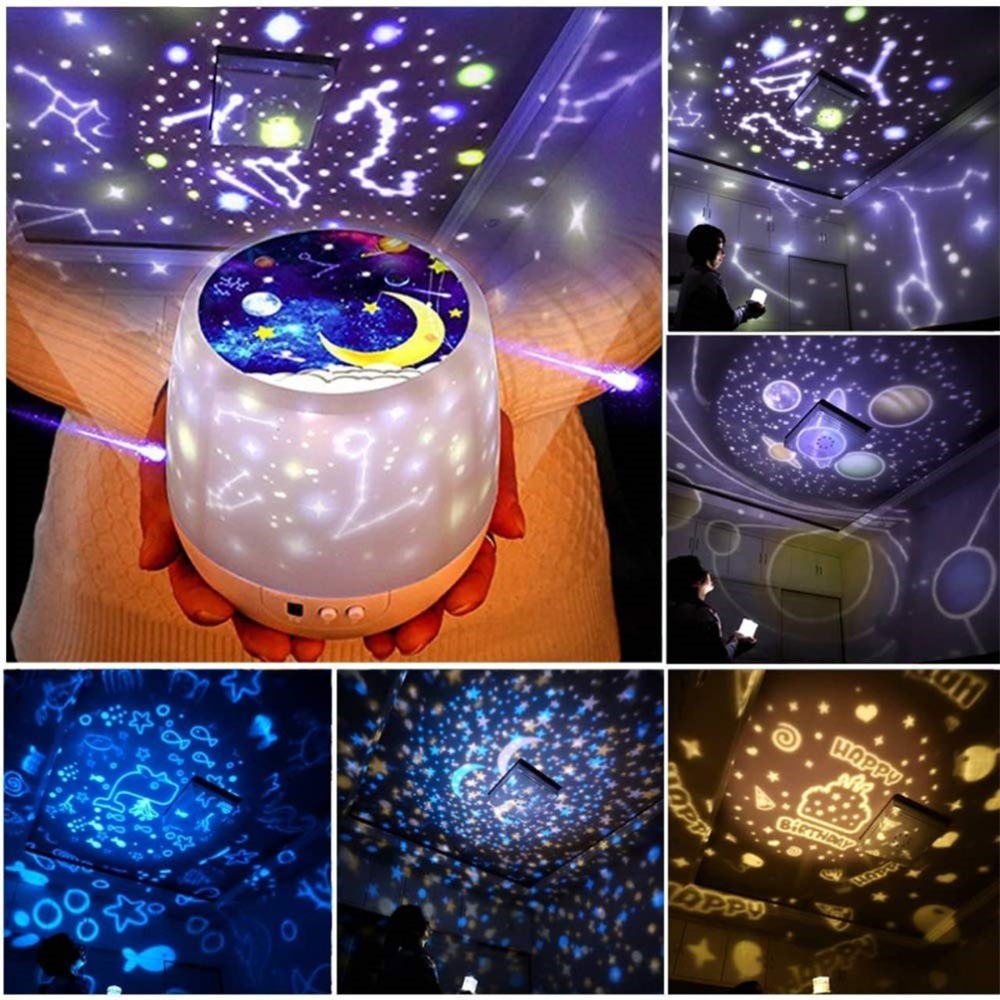 Night Light Projector Star Moon Sky Rotating Battery Operated Bedside Lamp For Children Kids Baby Bedroom Nursery 5 Sets of Film