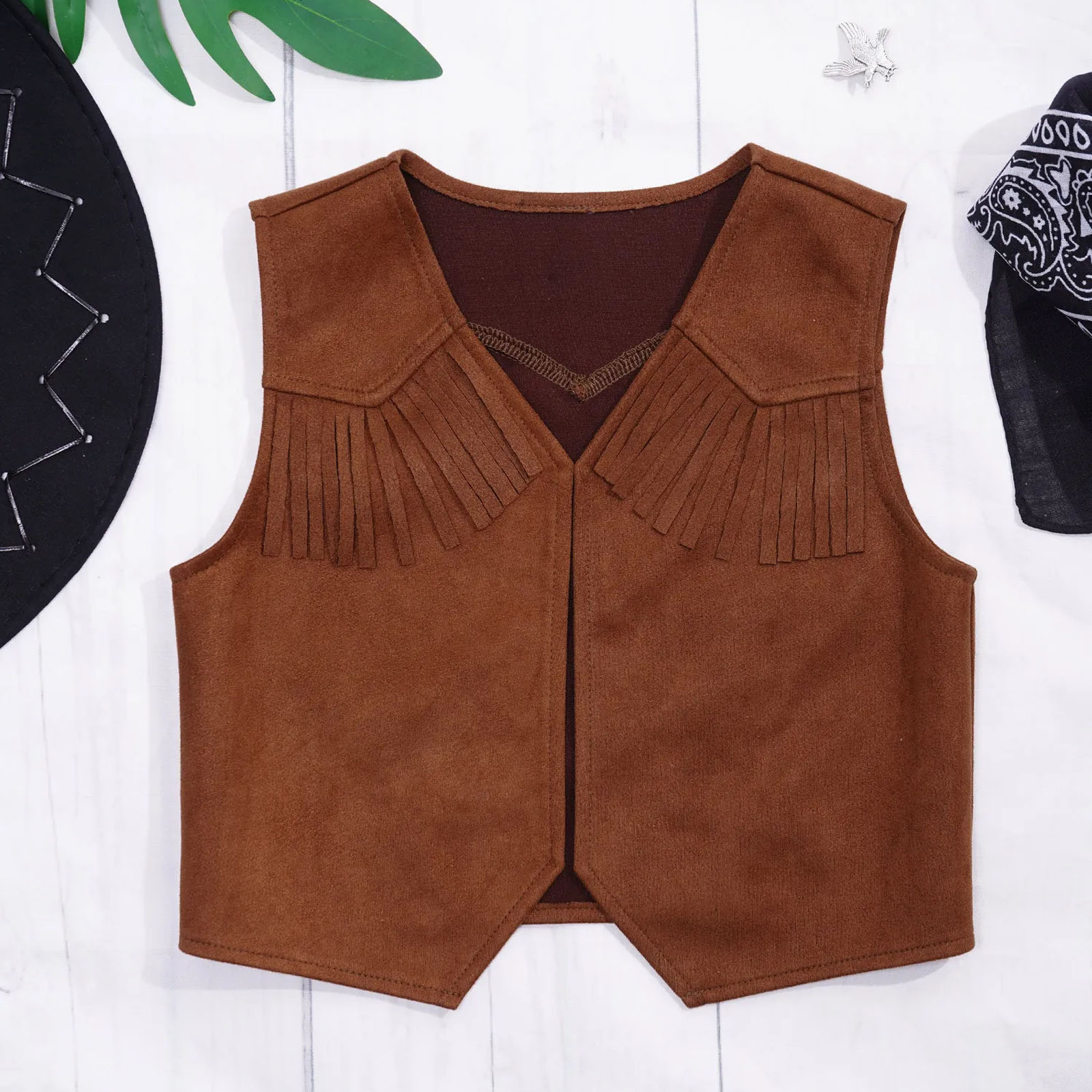 Wild West Cosplay Cowboy Cowgirl Costume Halloween Dress Up Clothes Fringe Sleeveless Vest with Bandanna Hat Set