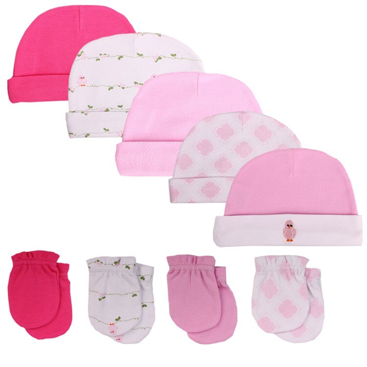 Pasgeboren babyjongen meisjes hoed + handschoenen geboortefotografie rekwisieten katoenen babymuts herfst kinderaccessoires babykleding: 4 handschoenen en 5 mutsen 07