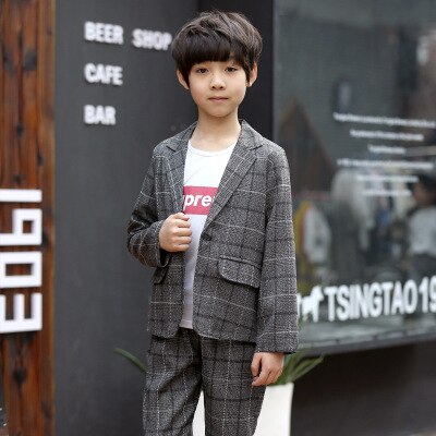 5-10 år gammel smuk dreng babydragt efterårstøj store børn plaid jakkesæt todelt børnetøj: 6t