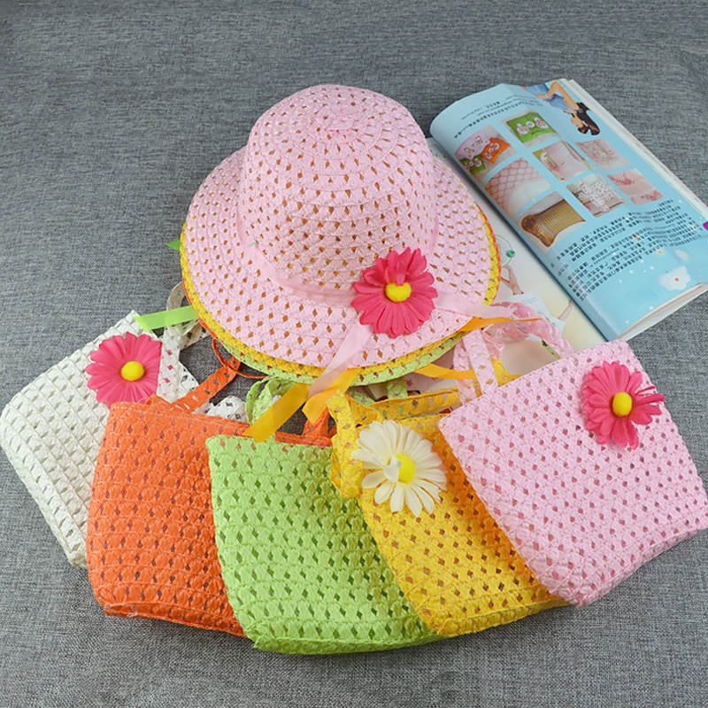 Girls Sun Flower Straw Hat Handbag Set Cute Lovely Princess Summer Beach Outdoor Travel Pure Color Sun Hat