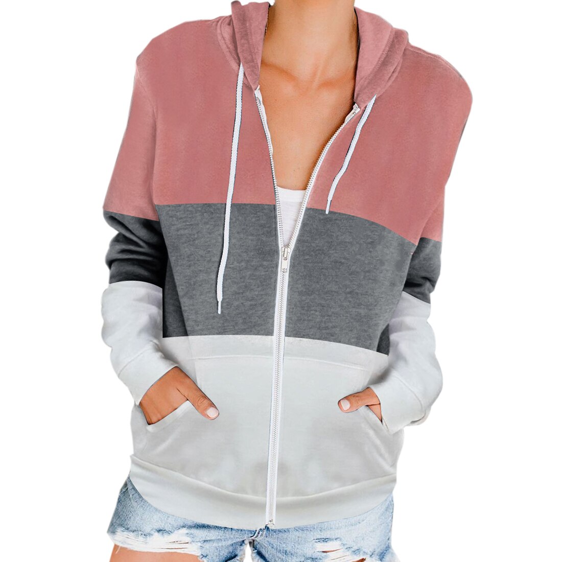 Women's Full Zip Up Hoodie Striped Panel Long Sleeve Sports Hoodie Sweatshirts with Pockets Jacket Coat for Women Arrivals: L / pink