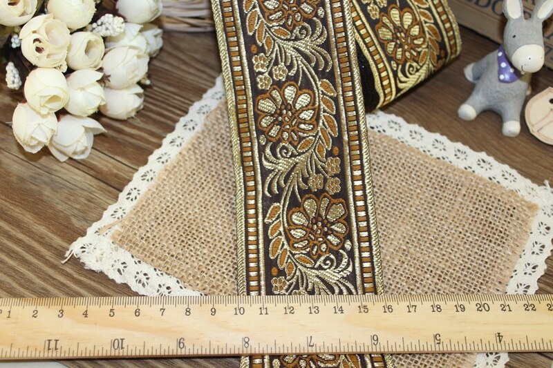 10 jardów tkana wstążka żakardowa 6 cm brązowy kwiat