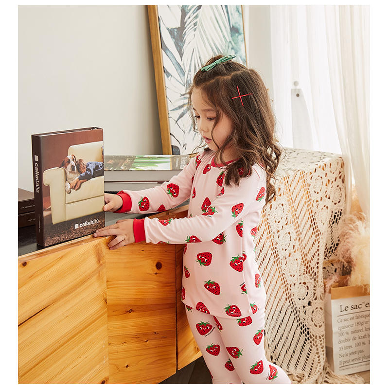 Børn pige barn sød søde lovele jordbær trykning langærmede pyjamas sæt nattøj nattøj nattøj tøj til hjemmet