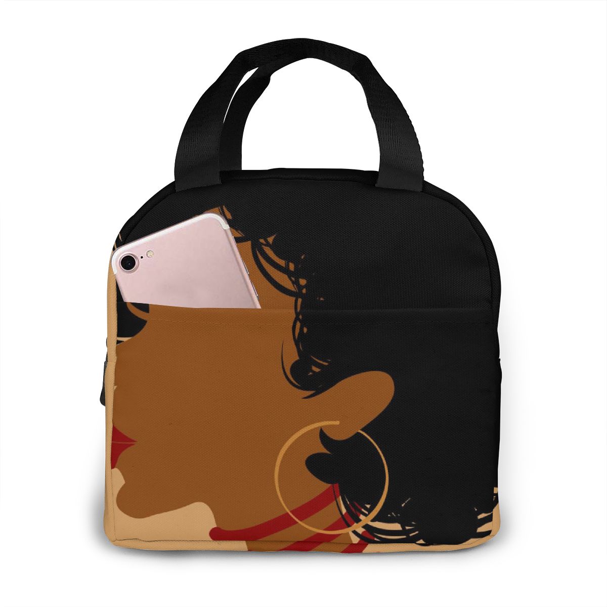 Afrikaanse Vrouw Lunch Tas Draagbare Geïsoleerde Thermische Cooler Bento Lunchbox Tote Picknick Opbergtas Pouch: Black 1