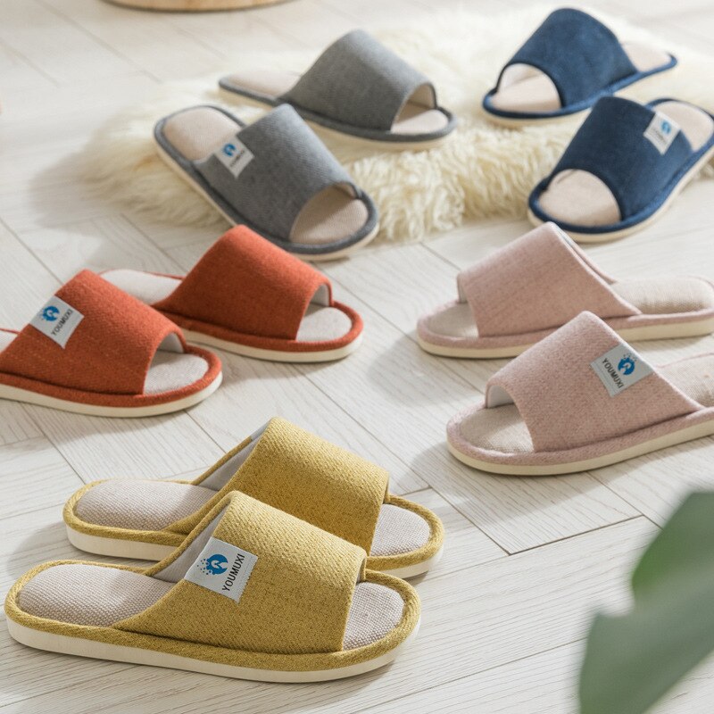 Open Indoor Spring and Autumn Cotton Linen Home Slippers Men 's and Women 's Floor Non-Slip Home Linen Slippers Stall