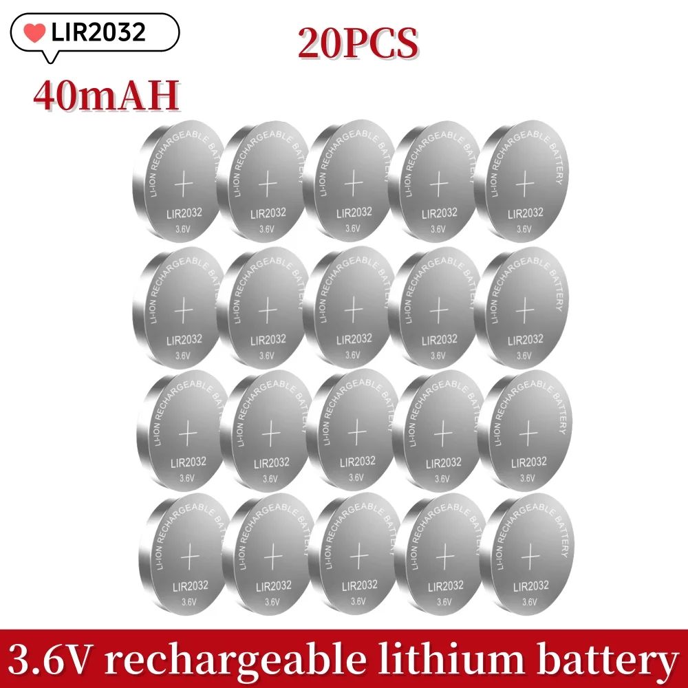 2-50PCS LIR2032 Rechargeable Lithium Battery 2032 charging Can Replace 3.6v 40mAH CR2032 for watches Coin Battery: green