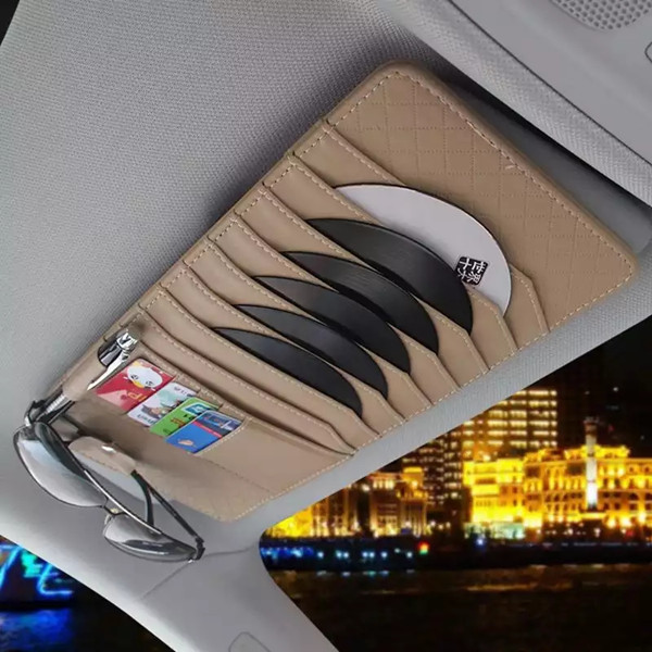 Autostyling auto zonneklep cd dvd kaart leren organizer glazen pen opberghoes auto multifunctionele opberghouder clip tas: Beige