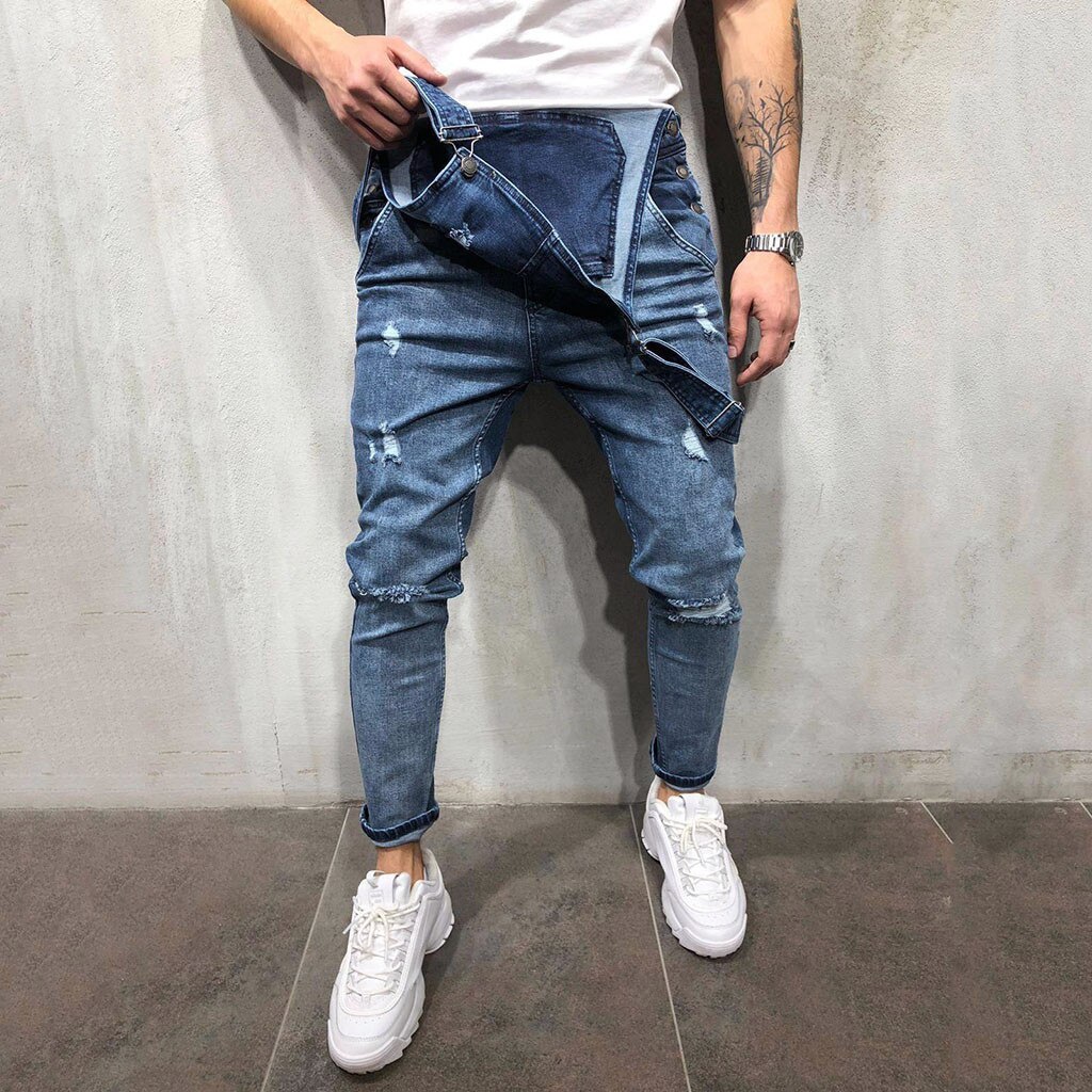 Men's Ripped Jeans Jumpsuits Hi Street Distressed Denim Bib Overalls For Man Suspender Pants Size S-XXXL