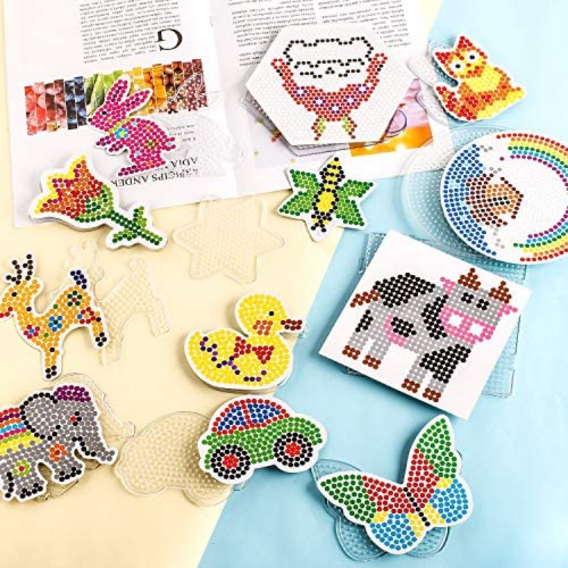 Fuse Beads Pegboards Set 3 Large and 9 Small pegboard with 12 Colorful Cards 12 Keychains 12 Key Hang Ropes for Kids DIY Craft