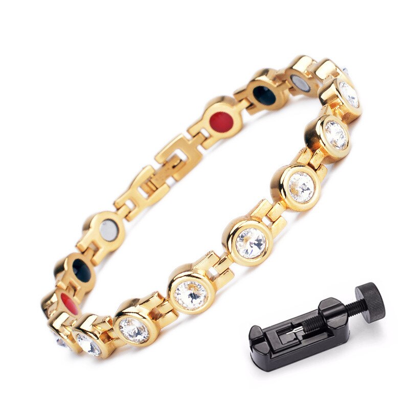 Rhinestone Vrouw Magnetische Power Armband Gezondheid Energie Goud Mode-sieraden Lady Titanium Stalen Armbanden Armbanden: Gold w tool