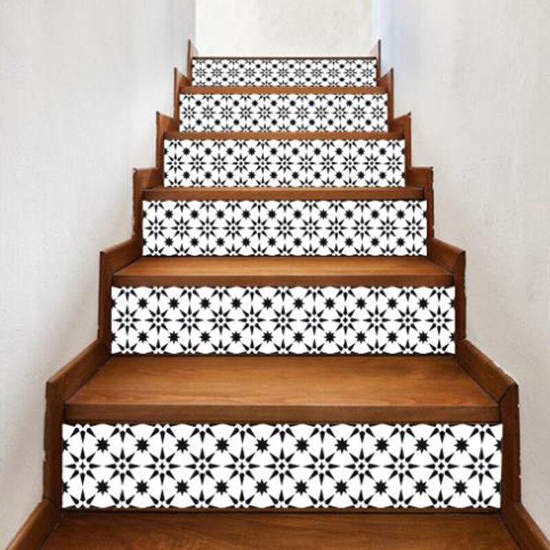 6 stk / sæt gulvklistermærke sort + hvidt mønster vandtæt selvklæbende diy trappe boligindretning