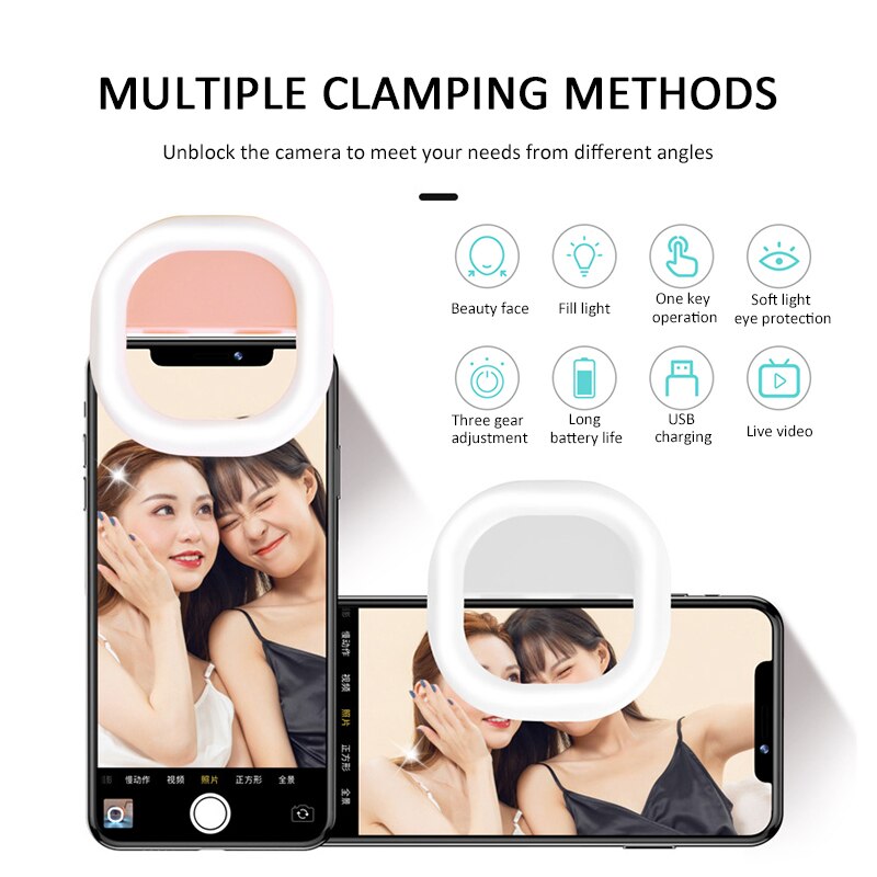 Portable Selfie Ring Light Ring Phone Flashes Mobile Phone Lens Fill Light USB Rechargable For Mobile Phones Phone Accessories