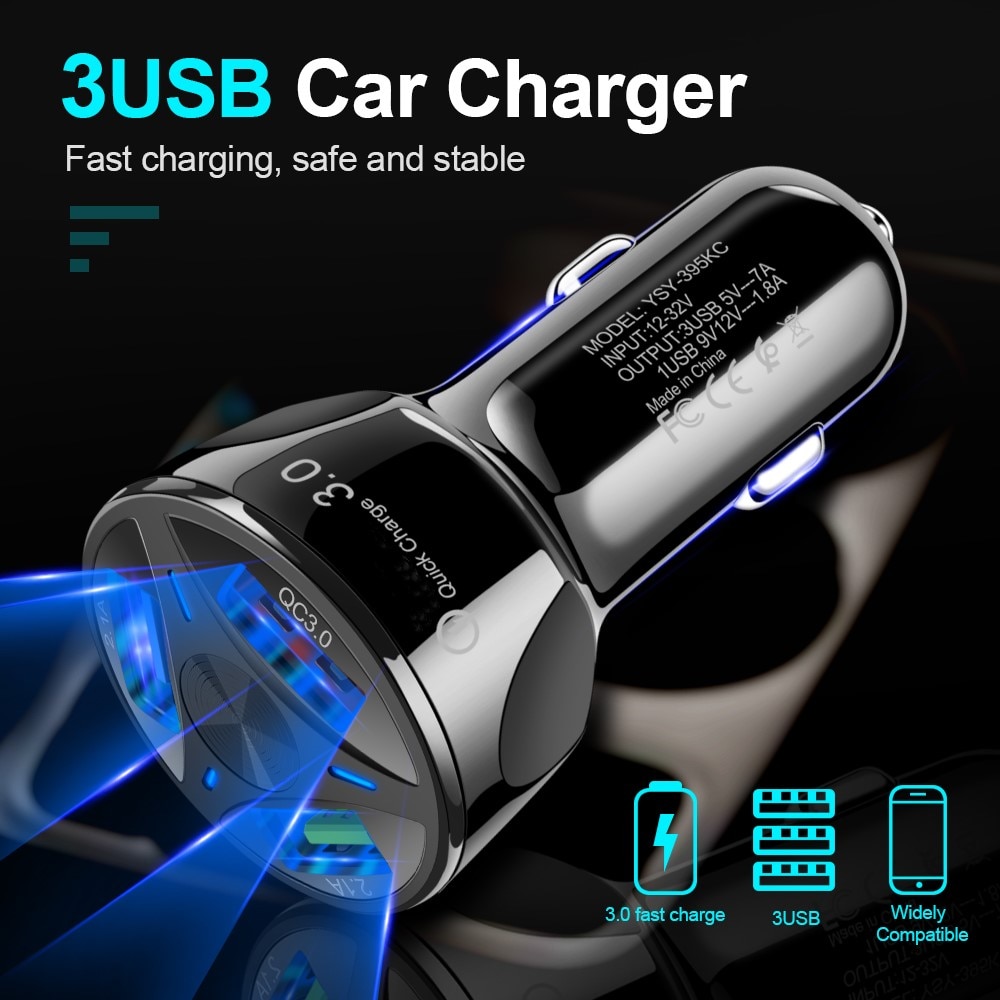 30W 3A Car Charger Quick Charge 3.0 4.0 Universal 3 USB Fast Charging Adapter For iPhone Samsung Xiaomi Mobile Phone Charger