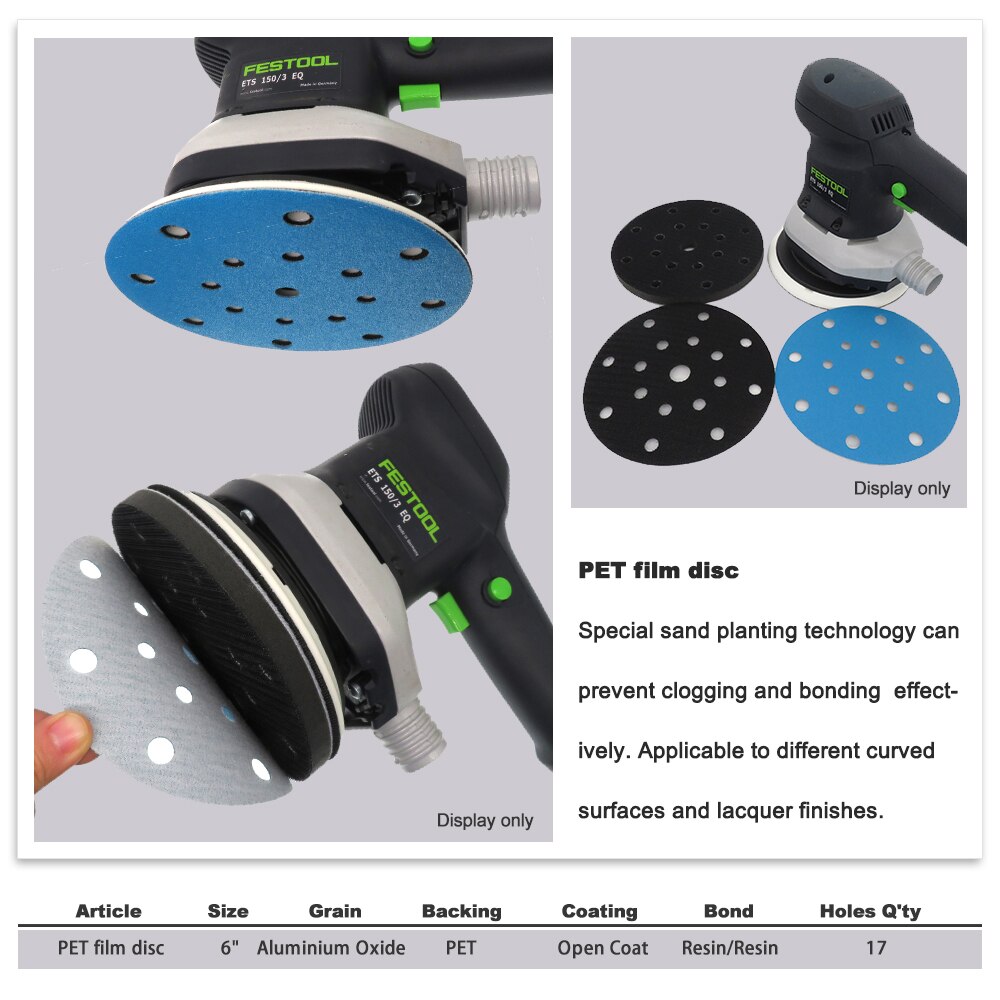 6 inch 17hole Dry Sandpaper Zirconium Corundum Film Blue Sand Sheets Hook and Loop Sanding Disc 40#-600# For car metal Plioshing