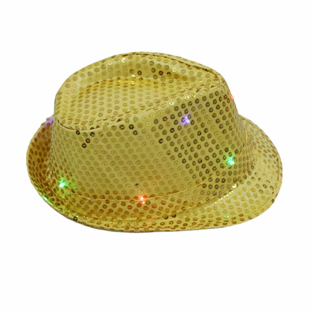 Men Women Glitter Sequin Flashing Light Up LED Fedora Trilby Cap Dance Jazz Hat Gangster Party Costume: Gold
