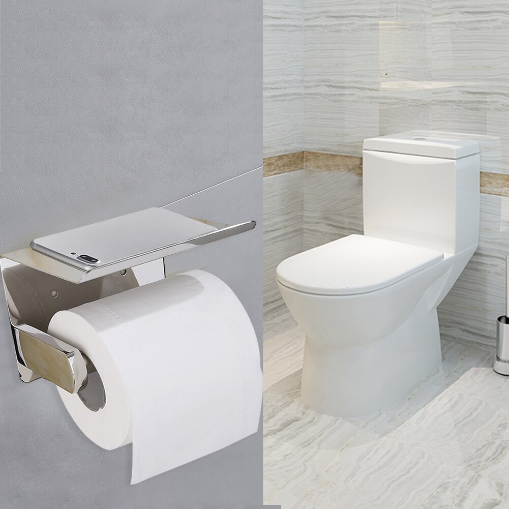 Rustfrit stål vægmonteret sølv toiletpapirholder silkepapirholder rulleholder med telefonopbevaringshylde adgang til badeværelset
