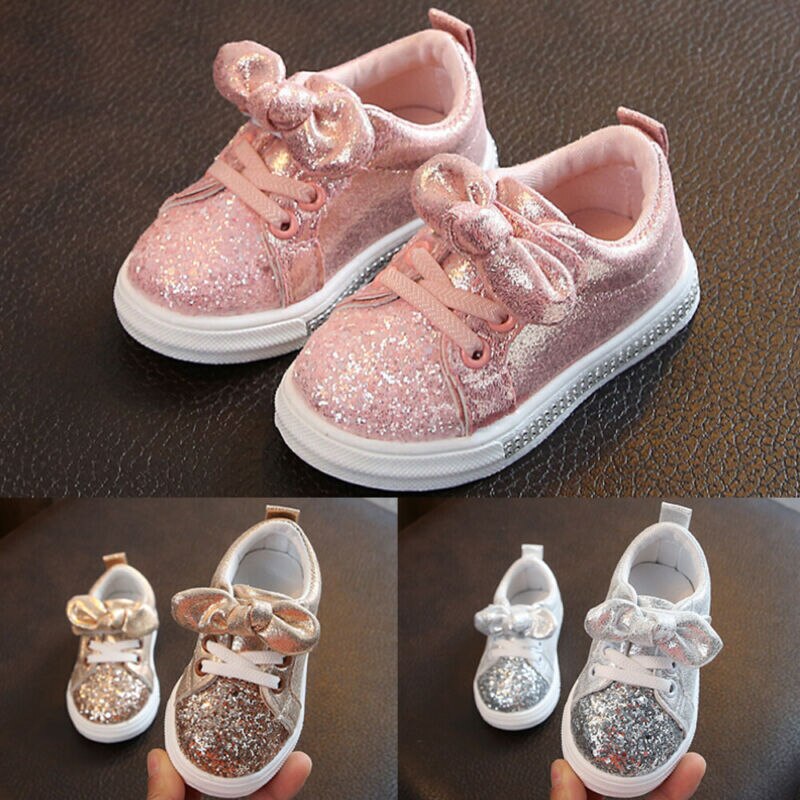 Chaussures de Sport pour petites filles de 1 à 3 ans, baskets à paillettes avec nœud, à semelle plate, brillantes, à la , 1 paire