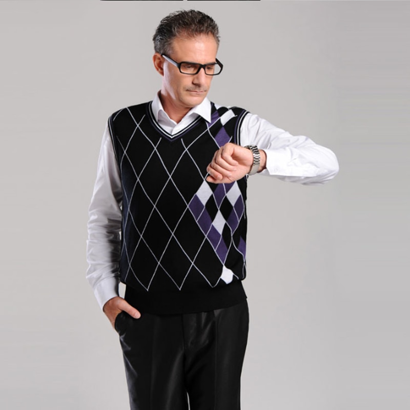 Hommes Woll col en v gilet chandails Argyle Slim Fit Patchwork sans manches automne printemps tricoté Contted décontracté mâle vêtements
