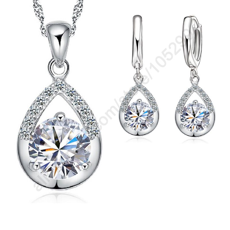 Elegante Mode Sieraden Sets Pure 925 Sterling Zilver Wit Goud Top Oorbellen Ketting Set Voor Vrouwen Trouwjurk Set