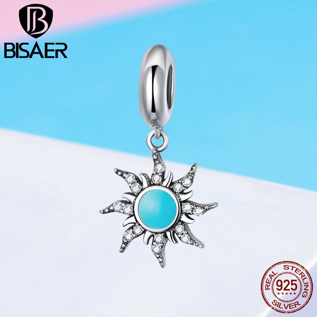 BISAER Vintage 925 Sterling Silver Sunny Sun Shape Lucky Charms Pendant fit for Bracelets Necklaces Silver Jewelry ECC1068