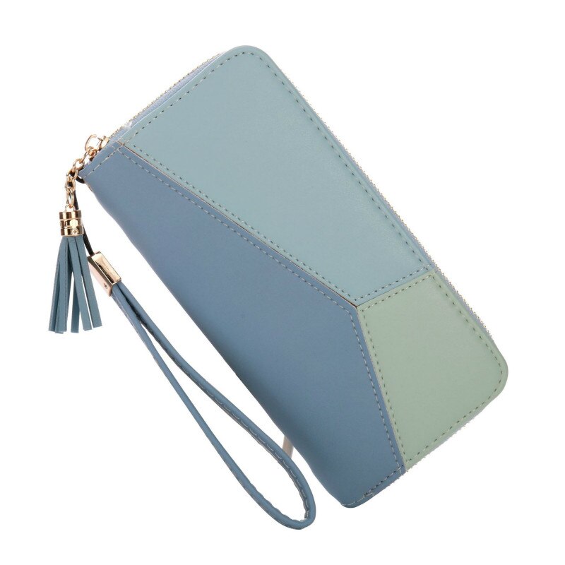 Women Wallets Long Color Contrast Clutch Bag Large Capacity Zipper Wallet Mobile Phone Bag Standard Wallets PU: Blue A