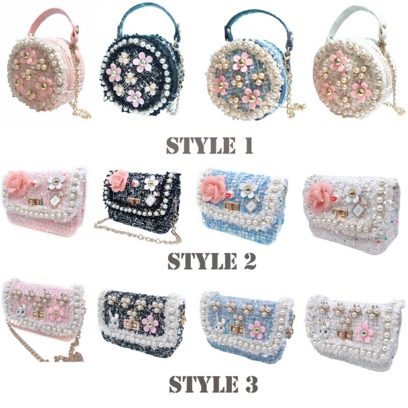 Children Kids Girls Cute Flower Pearl Round Princess Handbag Shoulder Messenger Bag Cross Body Bag