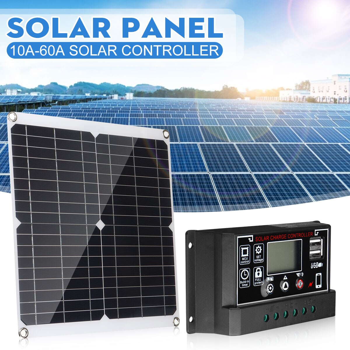50W 18V Solar Panel with battery Clip+10/20/30/40/50/60A Solar Car Charger Controller Solar Cells for Outdoor Camping Hiking