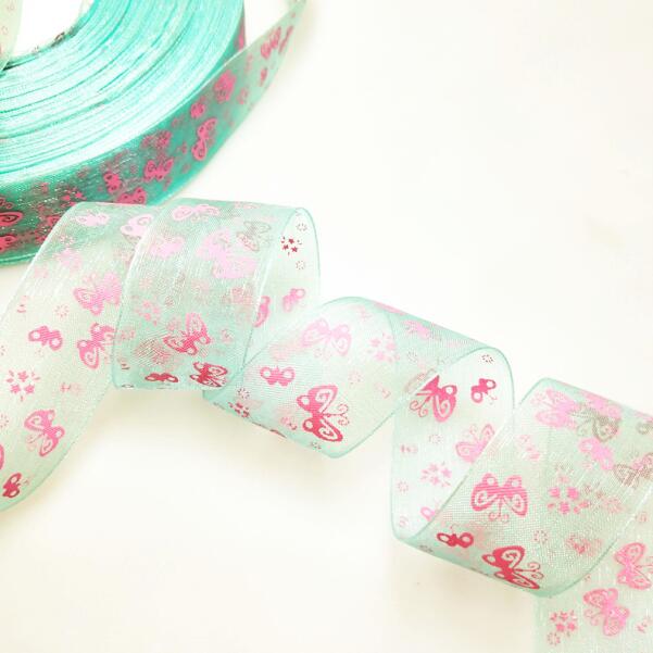 5 meters/partij 25mm Cartoon Vlinder Linten Gedrukt Organza Lint Tape voor Handwerken DIY cadeaupapier Decoratie: GREEN