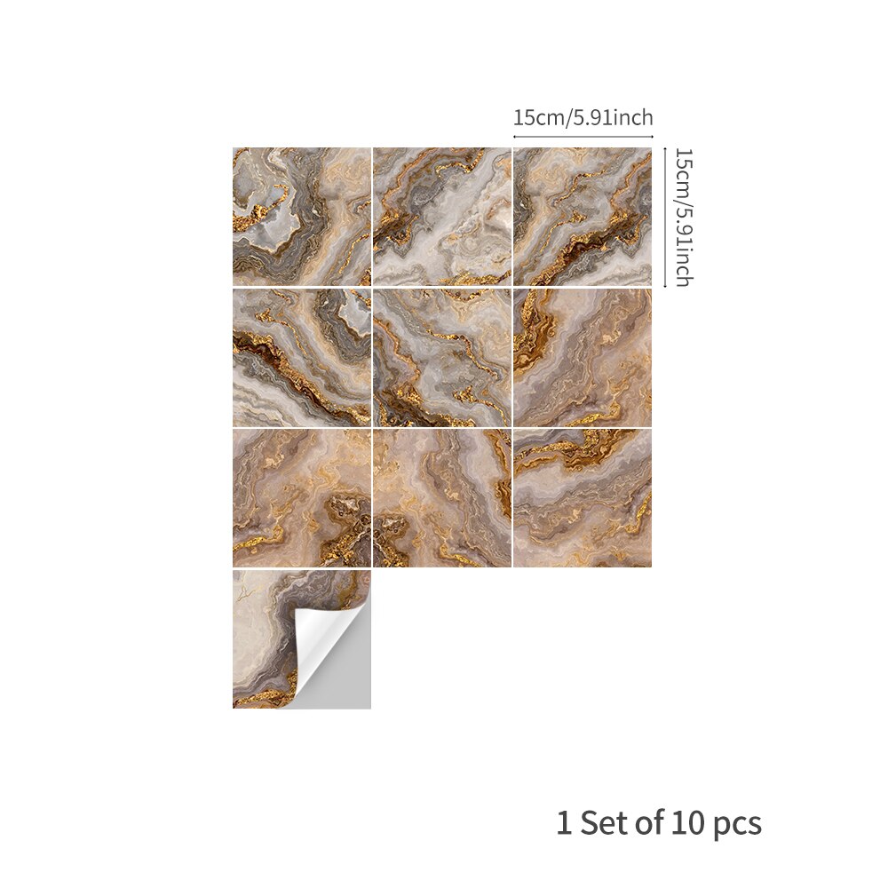 Funlife® BRILLIANT™ 15/20cm Grey and Gold Marble Tile Sticker Waterproof Wall Sticker Backsplash for Bathroom Kitchen Home Decor: 15x15cm / 10pcs